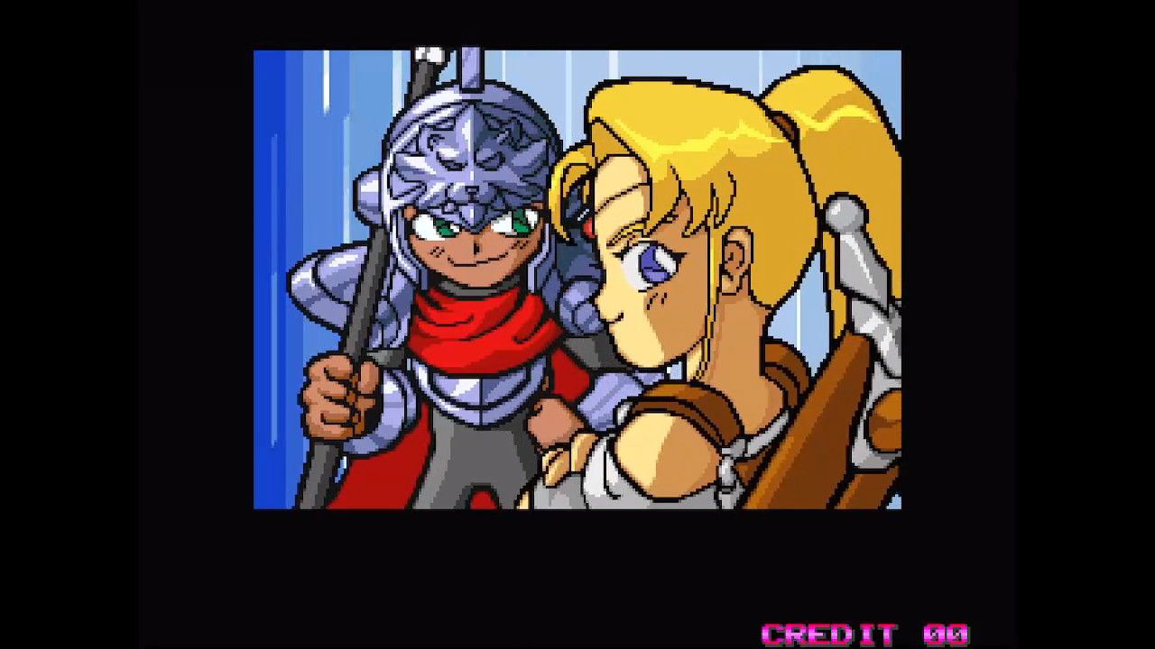 Pixel art of two characters in a close-up, with a blue background.