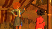 A stylized 3D-rendered scene showing two characters in front of a rustic wooden structure. The larger character has bright orange hair, wears a teal coat over a white shirt, and holds a black object.
