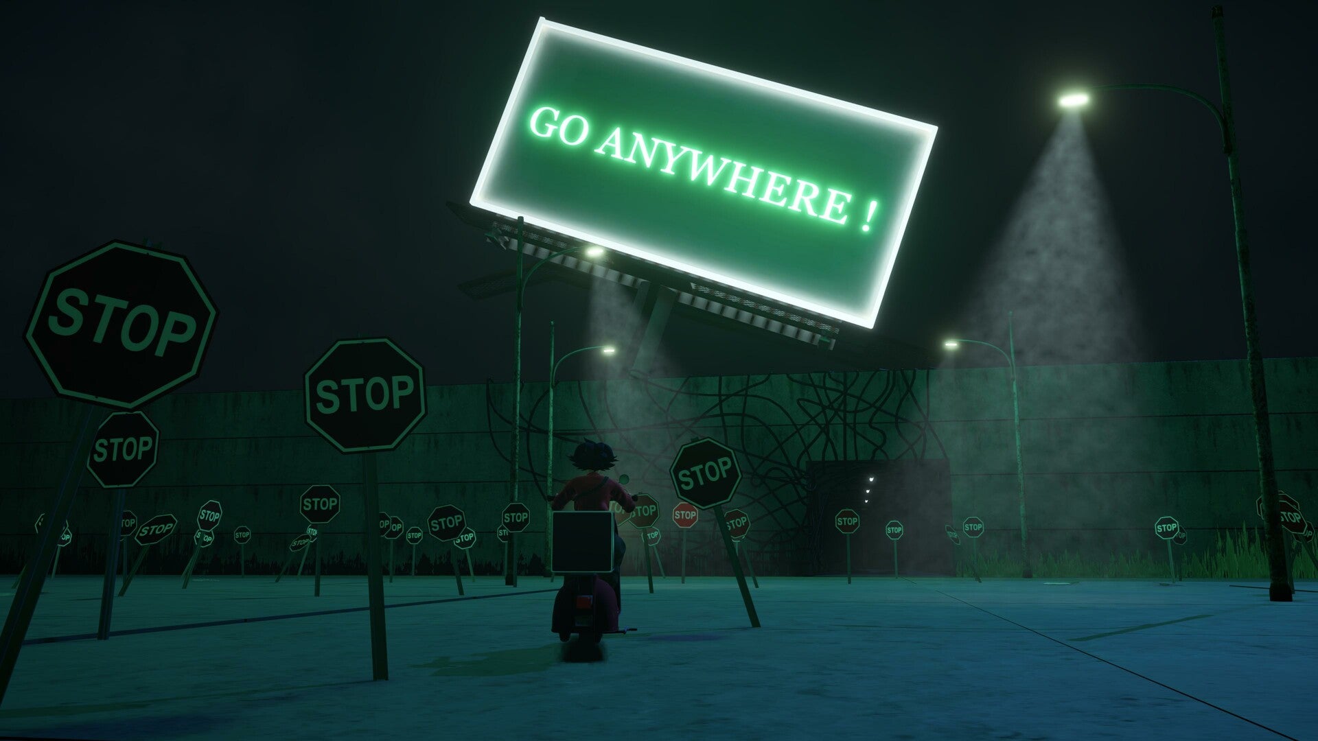 A stylized night scene with a small figure standing in a dark open area under streetlights, surrounded by many stop signs and a large glowing green billboard that reads “GO ANYWHERE!”.
