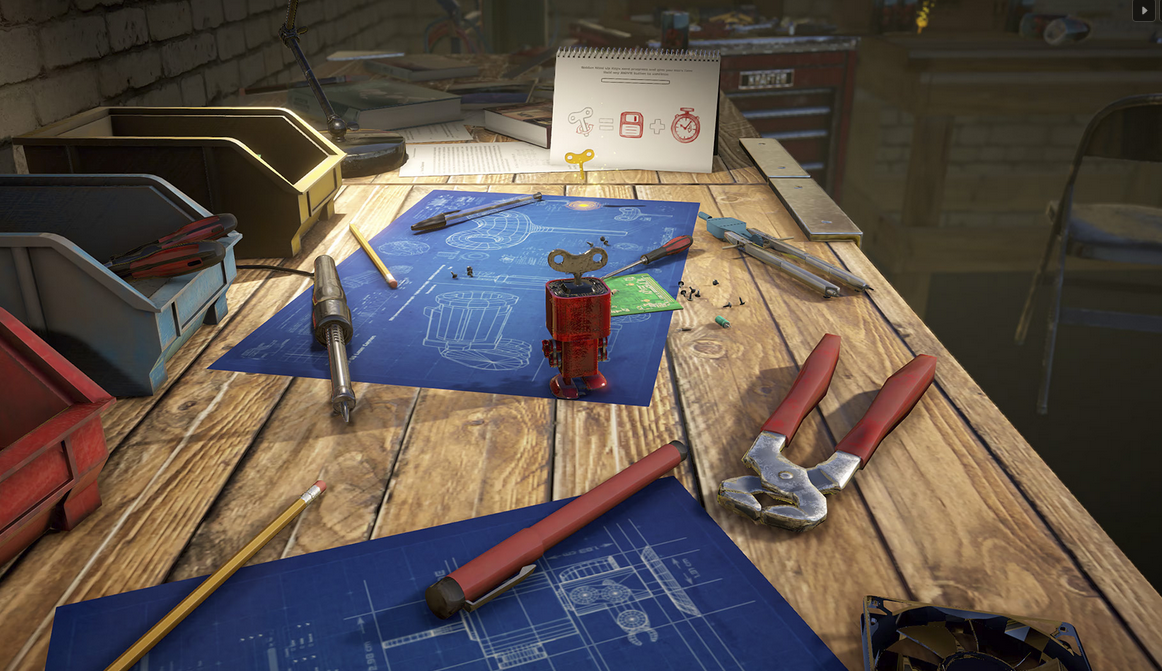Workbench with tools and blueprints on a wooden surface