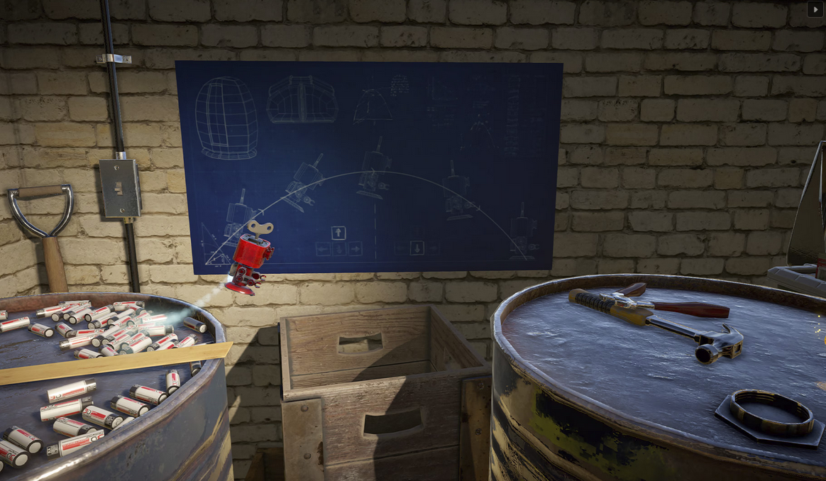 Room with barrels, tools, and a blueprint on a brick wall