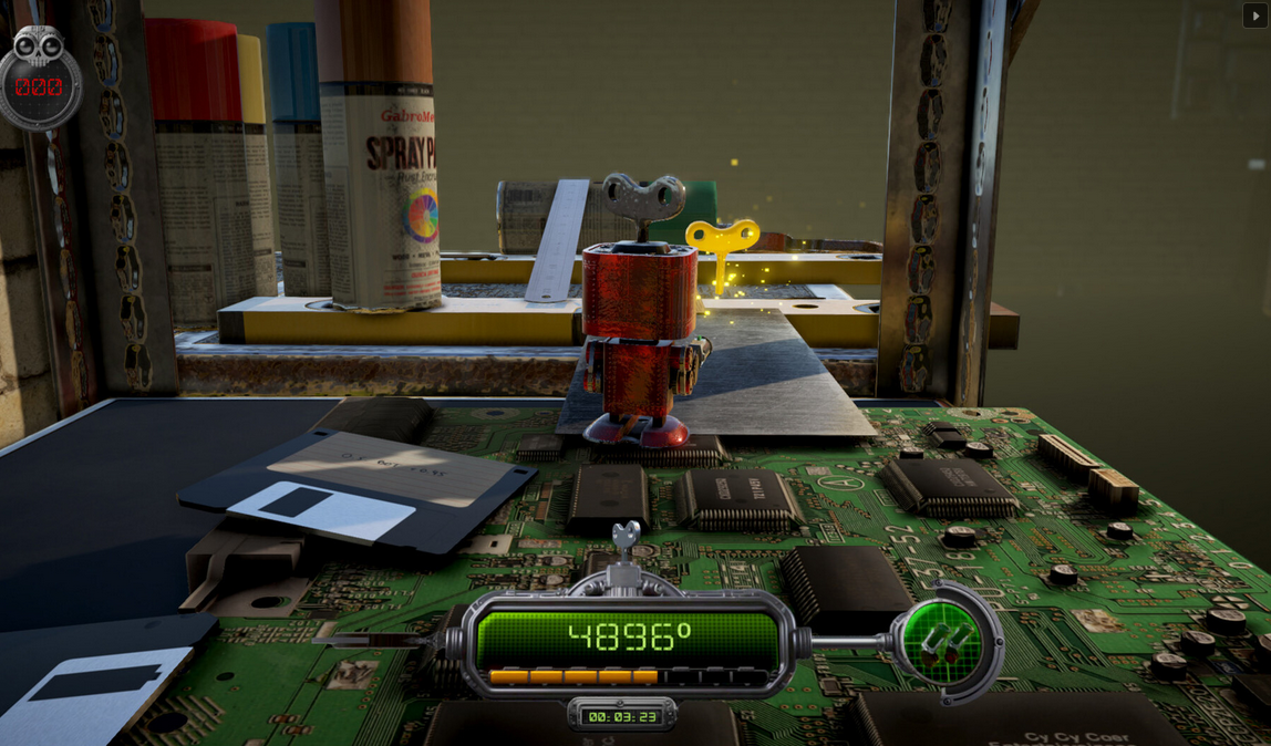 Robotic character on a circuit board with spray paint cans in the background