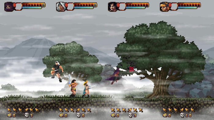 Pixel art-style game scene with characters and trees in a forest setting
