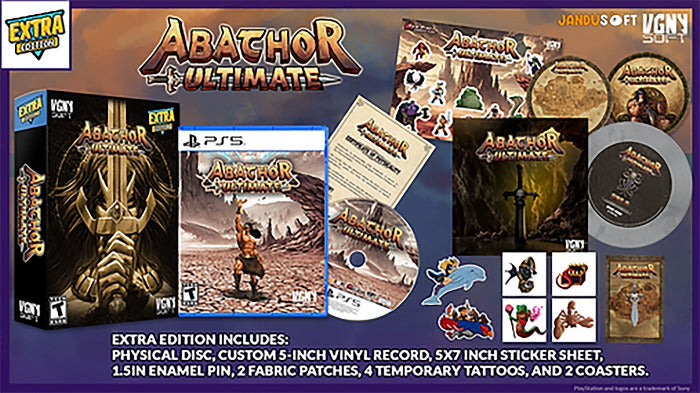 Abachor Ultimate PS5 game extra edition bundle display showing the physical disc, PS5 case, vinyl record, sticker sheet, enamel pin, patches, temporary tattoos, and coasters on a dark purple background with product details text below.