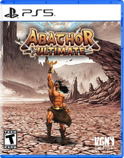Front cover of the PS5 game Abathor Ultimate, featuring a muscular warrior holding a sword in a rocky desert landscape. The PS5 logo is visible at the top, with a Teen Rating at the bottom left and VGNS OUTLET branding at the bottom right.