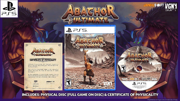 Abathor Ultimate for PlayStation 5 physical game package display, including the PS5 game case, disc, and certificate of authenticity on a purple illustrated background with PS5 and VGNN 2021 branding.