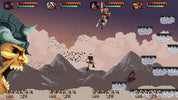Pixel art video game scene showing a side-scrolling fantasy battle with characters, floating platforms, clouds, and a dramatic purple sky.