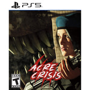 PS5 game cover for Acre Crisis, featuring a woman in a blue beret holding a gun in a dark, industrial setting with large teeth in the background. The PS5 logo is at the top, and the ESRB Teen rating is at the bottom left.