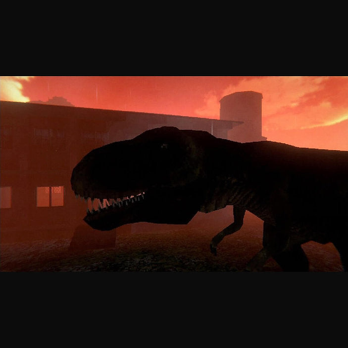 A dark silhouette of a Tyrannosaurus rex walking in front of a red-orange sunset sky and industrial buildings.