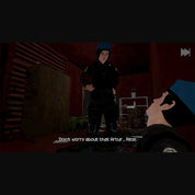 A low-resolution screenshot from a video game or interactive media, showing a character in a dark uniform and blue beret standing in a dimly lit red room, with another character in the foreground and a subtitle at the bottom.