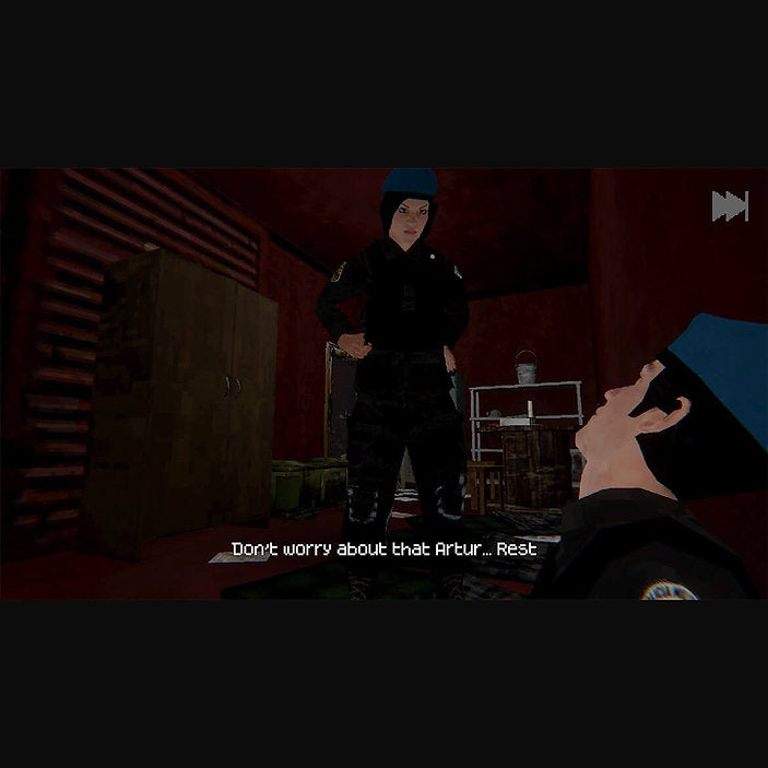 A low-resolution screenshot from a video game or interactive media, showing a character in a dark uniform and blue beret standing in a dimly lit red room, with another character in the foreground and a subtitle at the bottom.