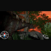 A screenshot from a dinosaur hunting video game showing a Stegosaurus in a prehistoric forest at sunset, with a compass overlay on the bottom left and score text on the bottom right.