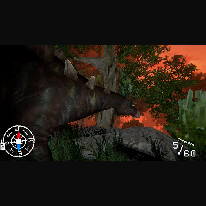 A screenshot from a dinosaur hunting video game showing a Stegosaurus in a prehistoric forest at sunset, with a compass overlay on the bottom left and score text on the bottom right.