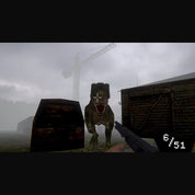 A first-person shooter video game scene showing a roaring T-rex dinosaur facing the player, with a shotgun visible in the foreground, crates, and a crane in the background under a foggy gray sky.