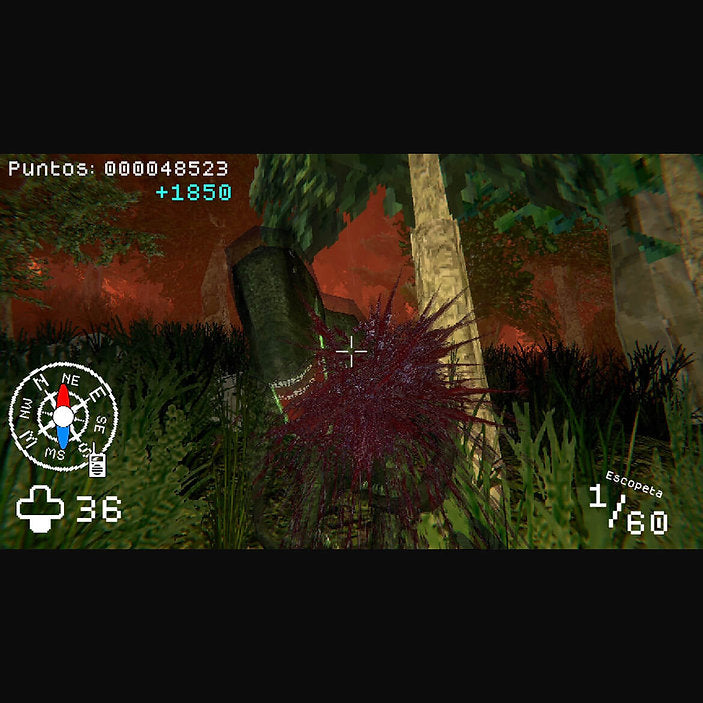 A screenshot from a video game showing a dark, grassy outdoor scene with a spiky purple-red plant-like target in the center, overlaid with HUD elements including a compass, score, ammo, and a message in Spanish.