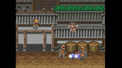 Pixelated video game scene with characters and objects in a detailed environment