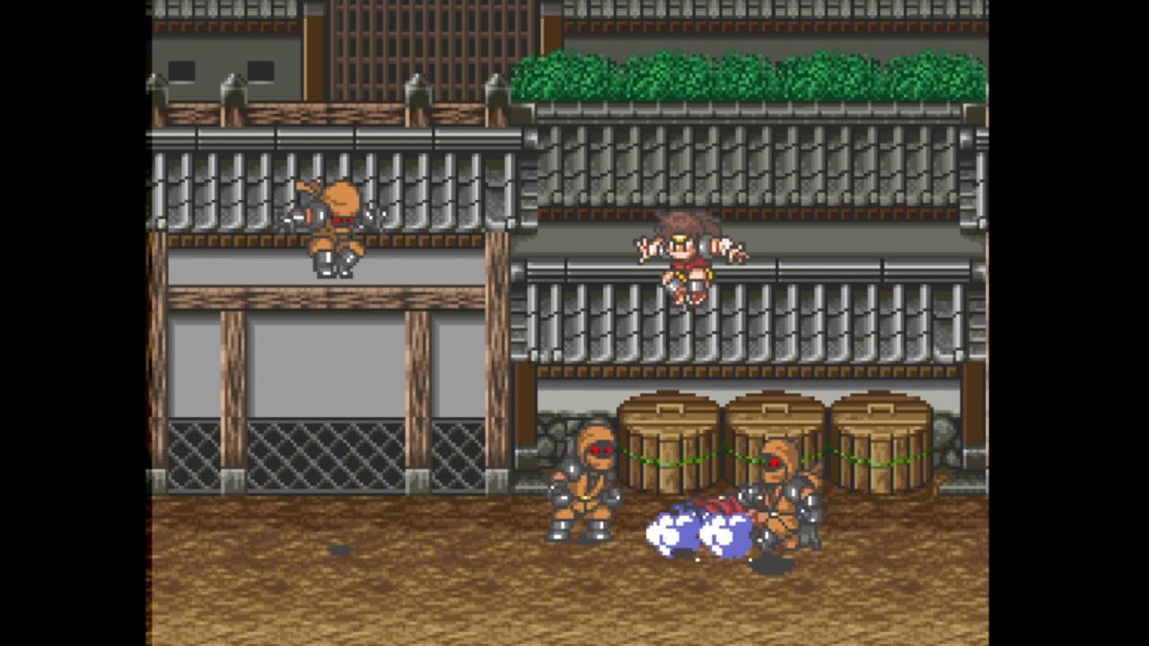 Pixelated video game scene with characters and objects in a detailed environment