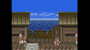 Screenshot of a video game with wooden buildings and ocean view