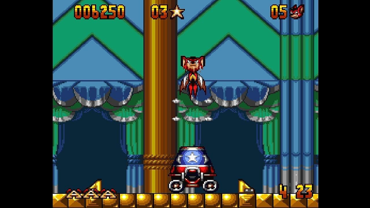 Video game screen with a character and enemy in a temple-like setting