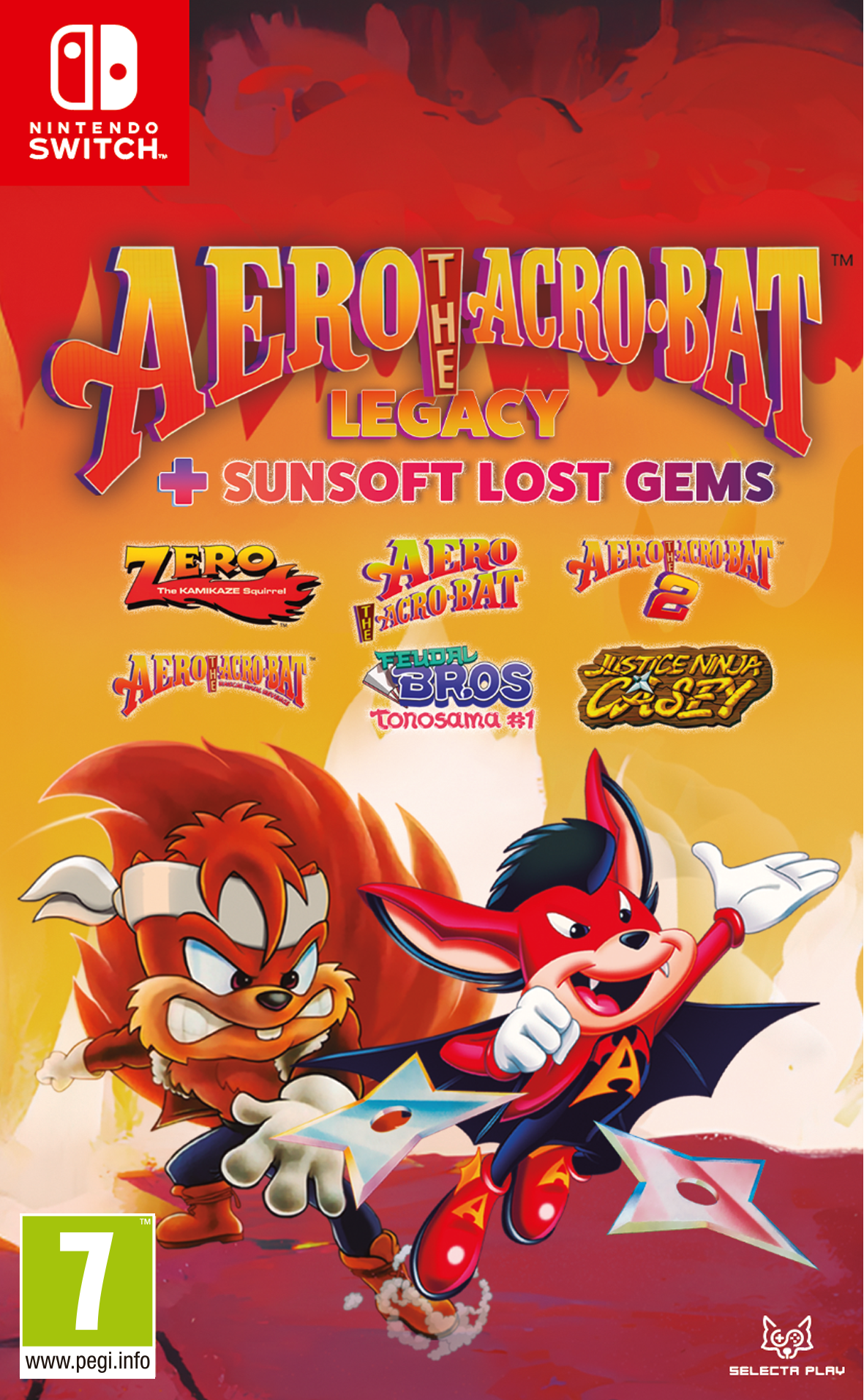 Game cover for 'Aero the Acro-Bat: The Legacy + Sunsoft Lost Gems' on Nintendo Switch with characters and branding.