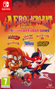 Game cover for 'Aero the Acro-Bat: The Legacy + Sunsoft Lost Gems' on Nintendo Switch with characters and branding.