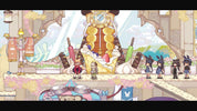 A pixel art style illustration of a whimsical dessert-themed scene with a large golden cake or candy tower, pink and green ice cream bars, small anime-style characters, and pastel architectural details.