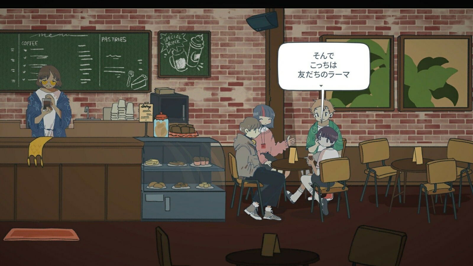Cartoon-style depiction of a cafe interior with characters interacting.
