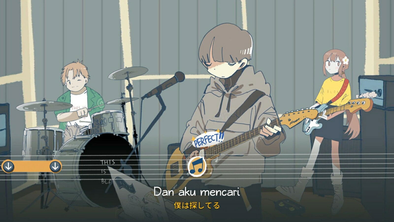 Three animated characters playing music in a room with a gray wall.
