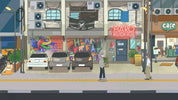 Cartoon-style city street scene with cars, pedestrians, and shops.