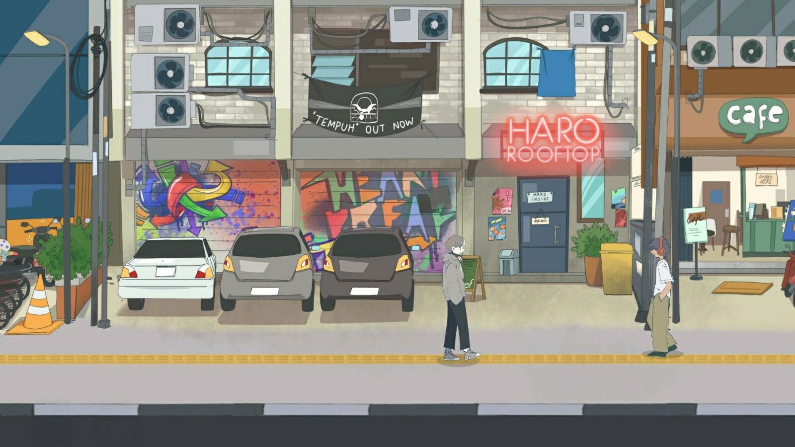 Cartoon-style city street scene with cars, pedestrians, and shops.