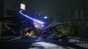 A dramatic sci-fi scene showing a human figure in a dark industrial setting, surrounded by two black alien-like creatures with a glowing blue sword-like energy effect in the center.