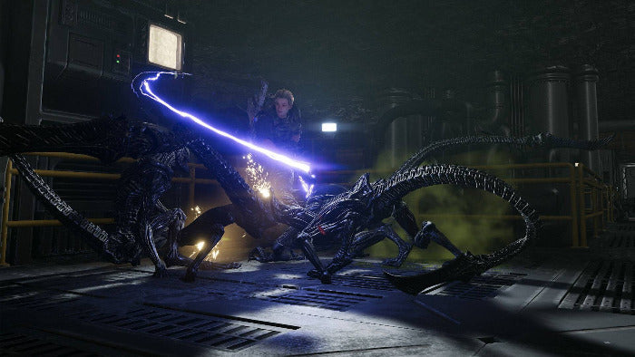 A dramatic sci-fi scene showing a human figure in a dark industrial setting, surrounded by two black alien-like creatures with a glowing blue sword-like energy effect in the center.