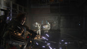 A dark sci-fi scene showing a soldier in armor aiming a rifle in a futuristic industrial interior, with two white-suited figures seated in the background and glowing blue light effects on the floor.