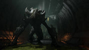 A dark, highly detailed sci-fi creature or monster stands in a dimly lit industrial tunnel or corridor, with glowing orange light on both sides and a yellow light in the background.
