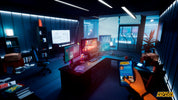 Modern office or gaming room with multiple monitors and a person holding a smartphone.