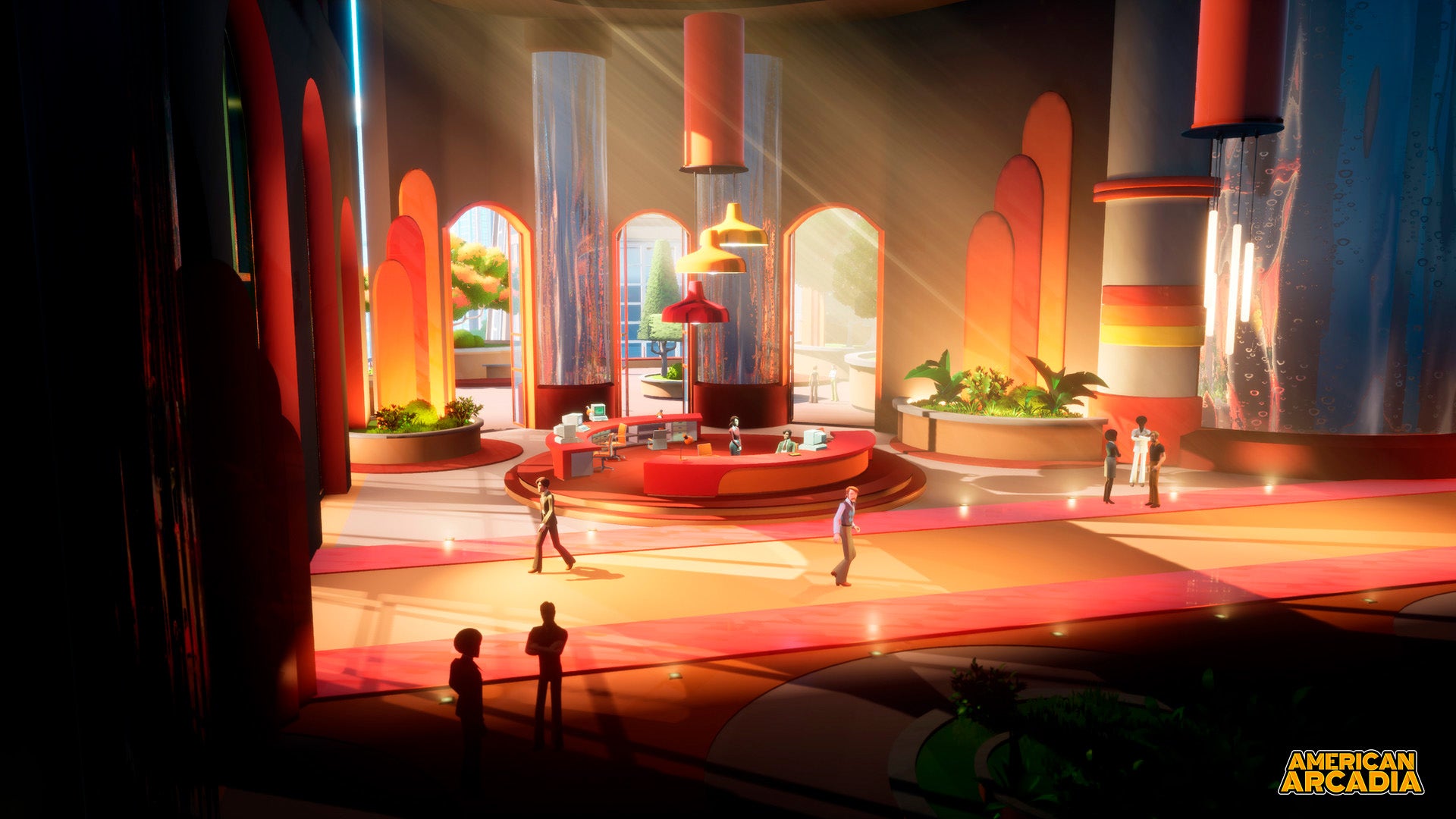 Colorful interior design with arches and people in a futuristic setting