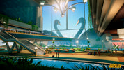 Modern indoor water park with large windows and aquatic-themed decor.