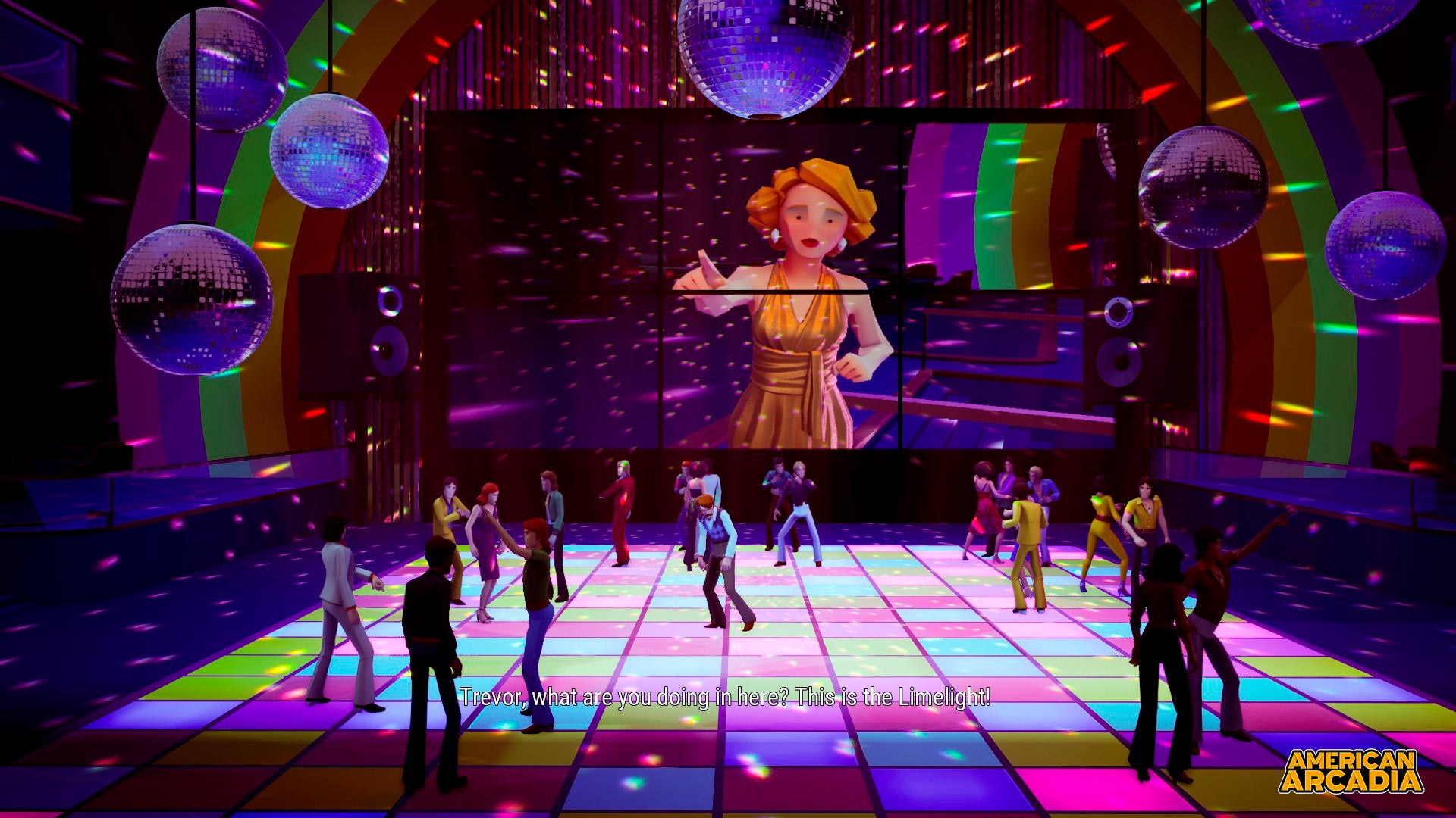 Dance floor scene from 'American Arcadia' with disco balls and colorful lights.