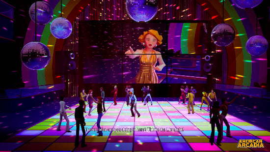 Dance floor scene from 'American Arcadia' with disco balls and colorful lights.