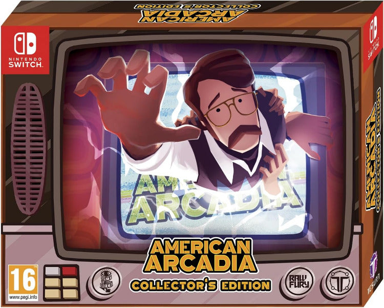 Nintendo Switch Collector's Edition board game box for American Arcadia, featuring retro TV-style packaging with illustrated characters and product details including a PEGI 16 rating and Blu-ray disc count.