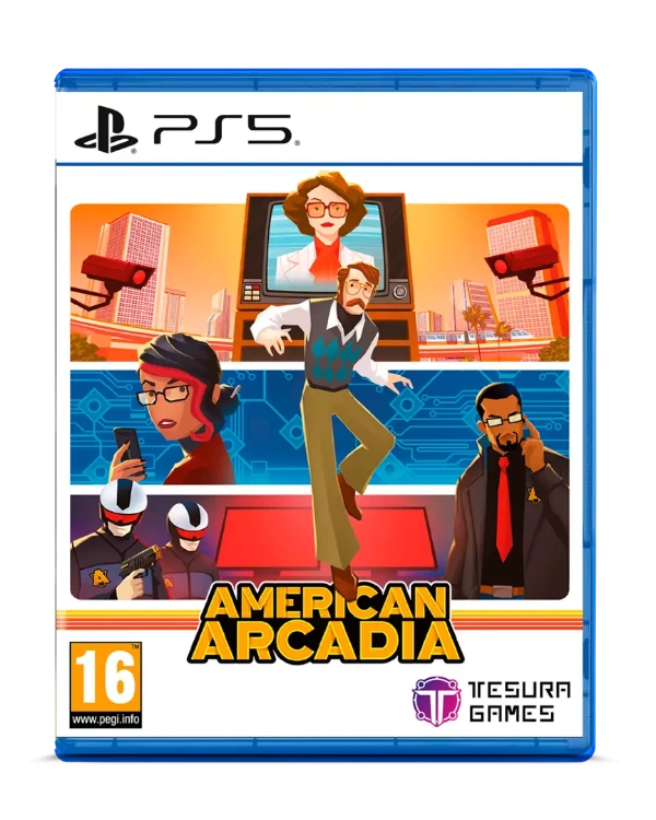 PlayStation 5 game disc for 'American Arcadia' with colorful graphics and character illustrations.