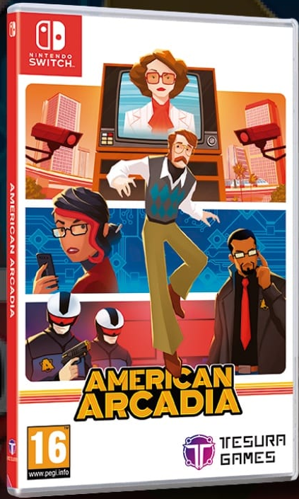 Game box for 'American Arcadia' on Nintendo Switch with character illustrations and Tesura Games logo.
