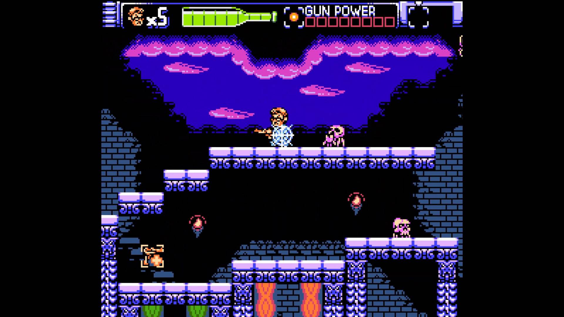 Pixelated video game screen with character and platform layout