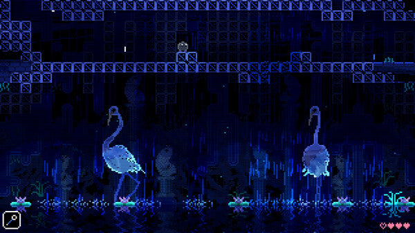 Pixel art scene with two flamingo-like creatures in a dark, grid-patterned environment.