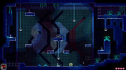 Pixelated game screen with character and environment in a dark, futuristic setting