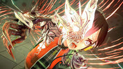 Anime-style character artwork showing a girl with dark hair, a glowing white headpiece, and an orange jacket, surrounded by red energy streaks and a large mechanical claw-like object.