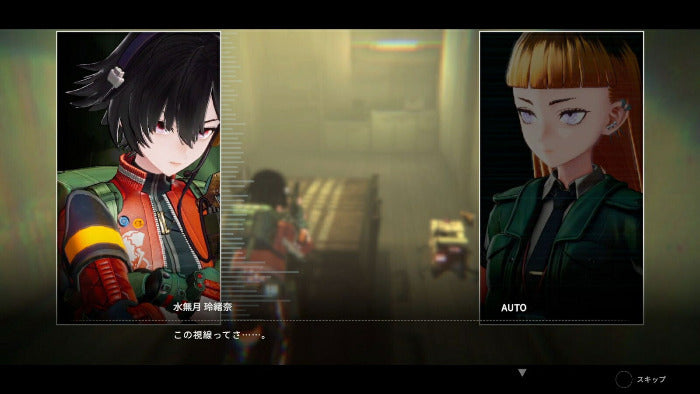 A screenshot from a video game or anime-style visual, showing two illustrated character portraits side by side: a dark-haired character in an orange and black outfit on the left, and a blonde character in a dark green uniform on the right, over a blurred in-game scene.