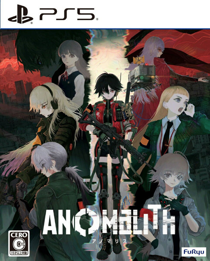 Front cover artwork for the PlayStation 5 game Anomaly, featuring multiple anime-style characters in a dark sci-fi city scene with the title text at the bottom and PS5 and FuRyu logos visible.