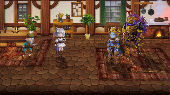 A fantasy RPG scene showing three character sprites standing in a rustic wooden room with stone tile floors, rugs, windows, plants, and a fireplace. The scene appears to be digital artwork rather than a physical retail product photo.