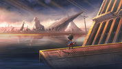 Fantasy digital art print featuring a small character standing on a wooden dock next to a large stone structure, overlooking a calm body of water with a dramatic, surreal landscape in the background under a cloudy sky.